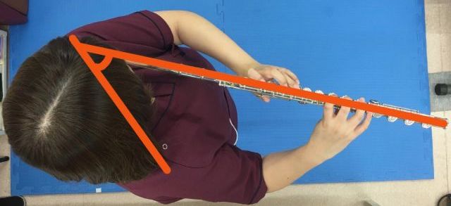 フルート演奏で腕に負担のかかる姿勢の写真です。解剖学的にみて肩の負担が予測されるフルートの演奏姿勢。身体とフルートの角度が45度よりも小さくなってしまっています。