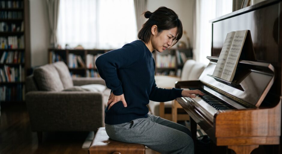 腰痛でピアノ演奏を前にして苦痛を感じている女性の様子