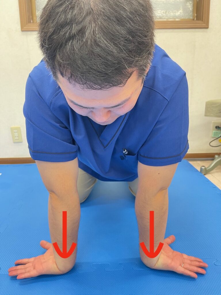 橈側手根伸筋のストレッチ、指先を外に出すように前腕をねじったら、手首に体重をゆっくりかけるようにします。すると手首から肘の外側にかけて伸びたり突っ張るような張りが出てくるので、そのポイントを伸ばします。
