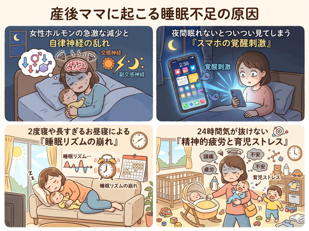 【理学療法士が解説】産後に眠れない原因と自律神経を整える13の快眠習慣 2 産後ママに起こる睡眠不足の原因4選を載せたイラスト