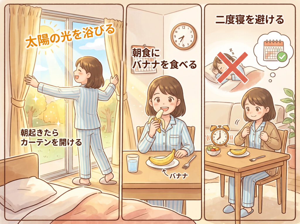 【理学療法士が解説】産後に眠れない原因と自律神経を整える13の快眠習慣 3 睡眠改善に役立つ朝の習慣3つ。朝起きたらカーテンを開けて朝日を浴びる。朝食にバナナを食べる。二度寝しない。