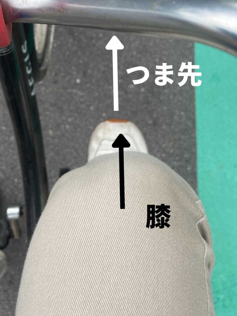 自転車のペダルを正しく踏んでいるときのつま先と膝の向きを示した写真です。
