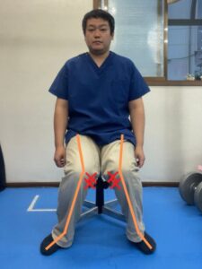 両膝を近づけて立ち座りする際に起こる膝の痛みが起こる部位を表しています。