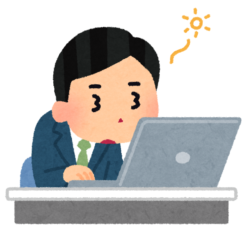 睡眠不足で仕事をしている男性のイラストです。睡眠不足は筋肉を硬くする要因となり、腰痛が起きやすくなります。
