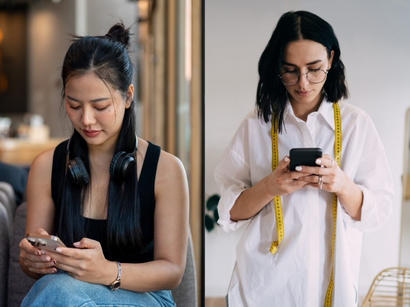 スマートフォンを覗き込むように首を前に傾けている女性2名の写真です。スマホ首が続くとストレートネックになり、筋肉や神経への負担が増えて首こり・肩こり・手のしびれにつながることがあります。