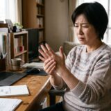 肘部管症候群に起こる薬指・小指の痺れに悩む女性の様子