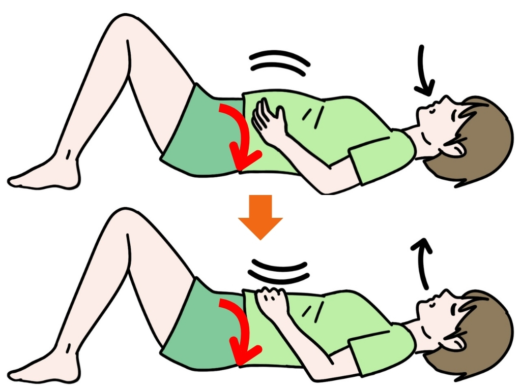 腹式呼吸での腹横筋トレーニングです。呼吸に併せてお腹を凹ませることで腹圧の変化を再学習するとともにお腹の筋肉を使えるよう刺激していきます。