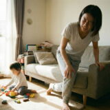 床からの立ち上がりのときに膝の痛みを感じている産後子育て中のママ
