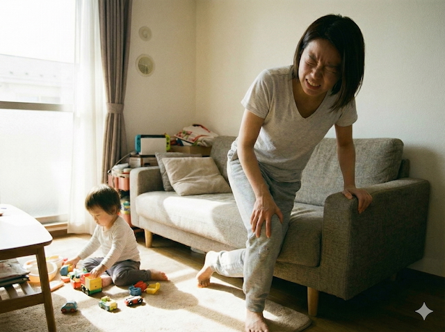 床からの立ち上がりのときに膝の痛みを感じている産後子育て中のママ
