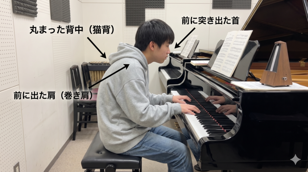 ピアノ演奏において体の不調が起こりやすい演奏姿勢の様子