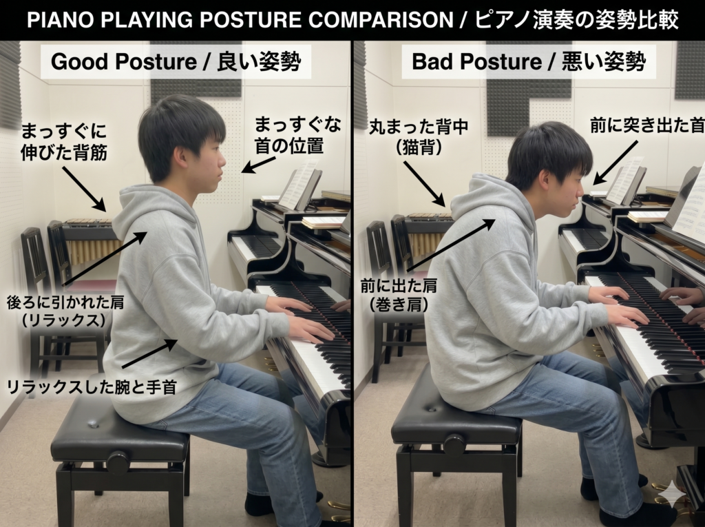 ピアノ演奏中の姿勢の良い姿勢・悪い姿勢の比較写真