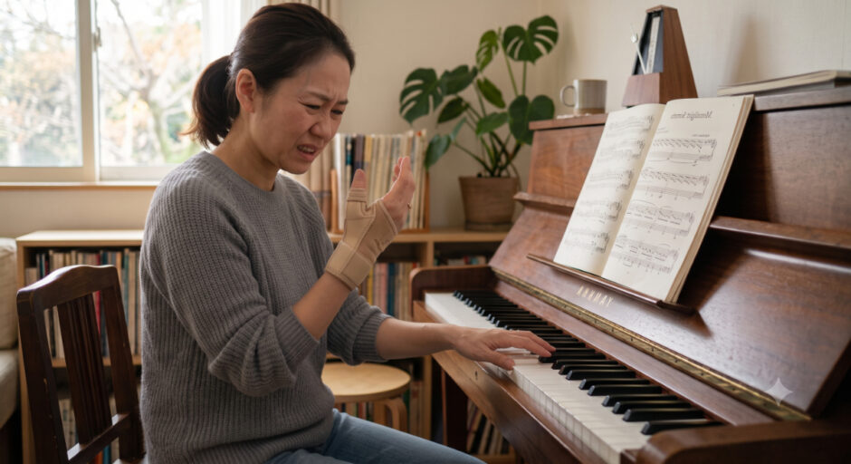 ピアノ練習中に母指CM関節症で親指の付け根に痛みを感じている女性