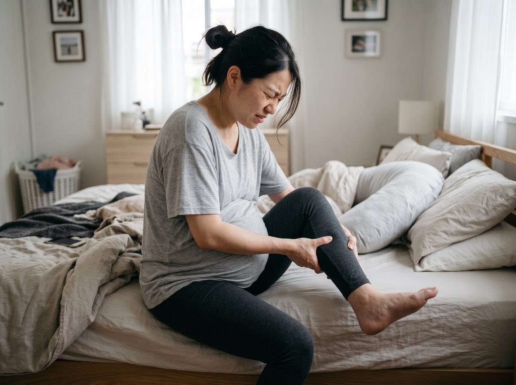 【熊谷】妊娠中のふくらはぎのつり(こむら返り)の原因と簡単セルフケア 1 左ふくらはぎがこむら返りで痛がる妊婦さんの様子